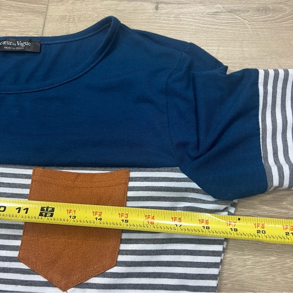 Coeur De Vague Long Sleeve Shirt Striped Size Small Blue Gray Faux Suede Pocket - Picture 4 of 7